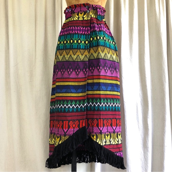 Vintage 80s/90s Woven Ethnic Cinched High Waist Fringe Hem Pencil Midi Skirt - Picture 2 of 8